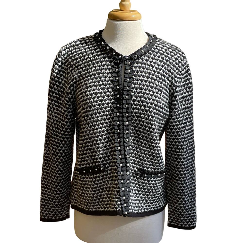JM Collection Black Silver Thread Sweater Cardigan Jacket Size PM Cotton Blend